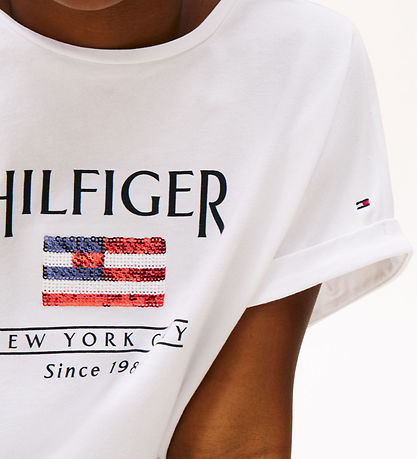 Tommy Hilfiger T-shirt - Sequins Flag - Hvid Tommy Hilfiger T-shirt - Sequins Flag - Hvid