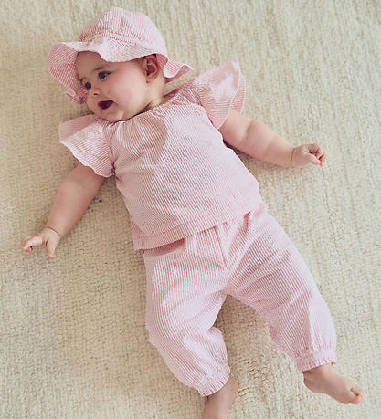 Müsli bukser - Seesucker Stripe -Flared - Balsam Cream/Bubblegum