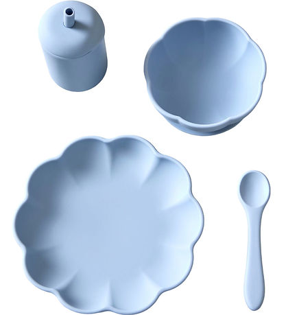 Jack o Juno Spisesæt - Silikone - 4 Dele - Poppy - Pale Blue Jack o Juno Spisesæt - Silikone - 4 Dele - Poppy - Pale Blue
