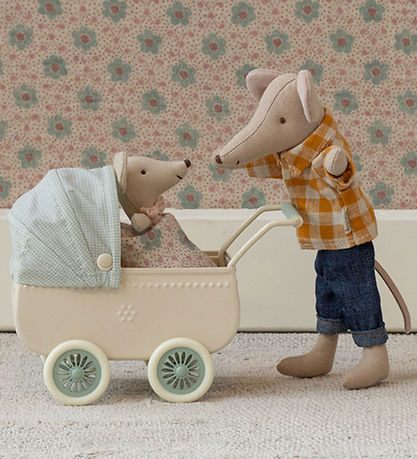 Maileg Miniature Dukkevogn m. Baby Mus - Mus - Mint