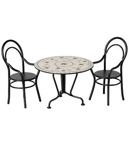 Maileg Miniature Spisebord Og 2 Stole - Sort/Beige