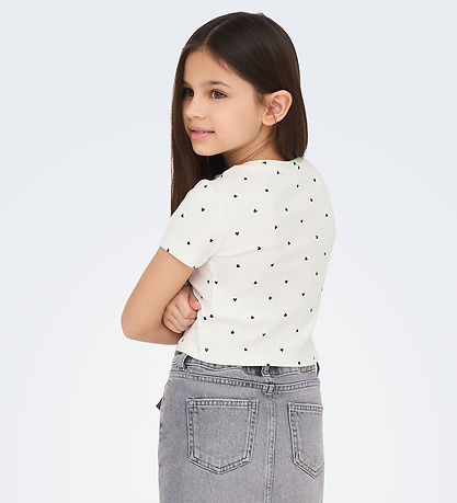 Kids Only T-shirt - KogBella - Rib- Cloud Dancer/Black Hearts