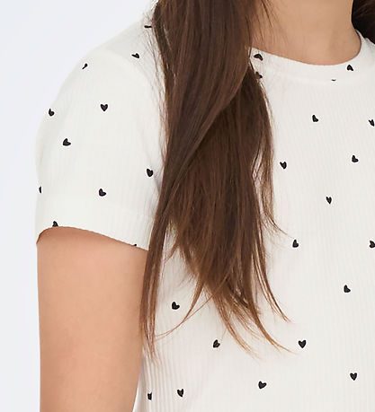 Kids Only T-shirt - KogBella - Rib- Cloud Dancer/Black Hearts