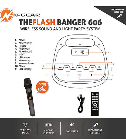 N-GEAR Karaoke Højtalere - Wireless - The Flash Banger 606 - Sor N-GEAR Karaoke Højtalere - Wireless - The Flash Banger 606 - Sor