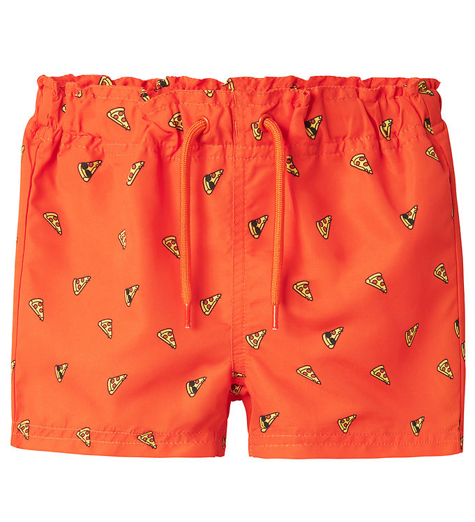 Name It Badeshorts Red Orange Med Pizzaprint Og Justerbar Talje - Str. 1y 80cm
