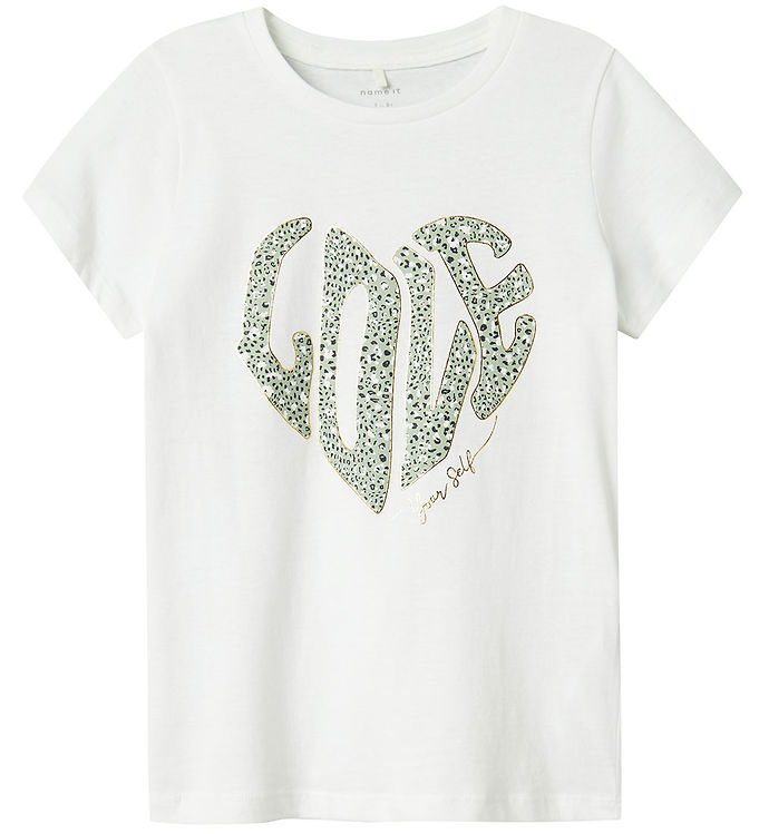 Name It Top Hvid Med Hjerte Print - Str. 6y 116cm
