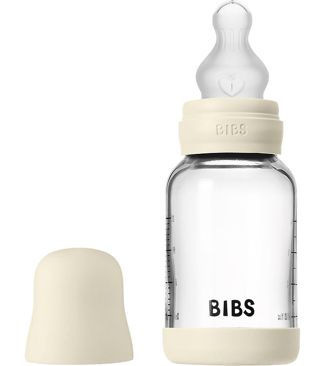 BIBS Glasflaske til baby, rund, med silikone, 1 stk., 120 ml, langsomt flow – elfenben – 120 ml