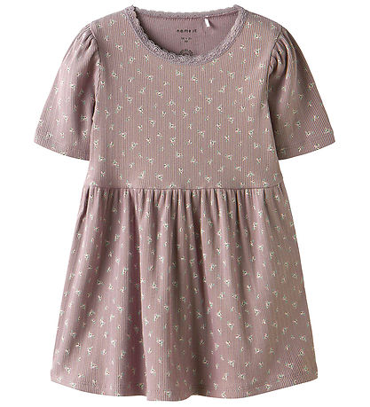 Name It Kjole - Rib - NmfHoise - Purple Dove m. Blomster Name It Kjole - Rib - NmfHoise - Purple Dove m. Blomster