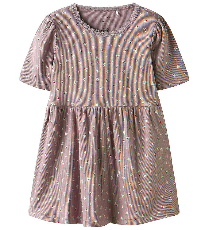 Name It Kjole - Rib - NmfHoise - Purple Dove m. Blomster