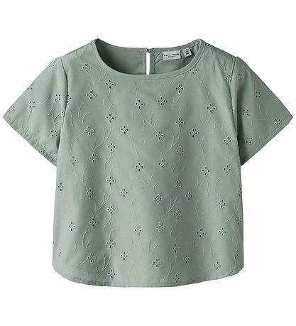 Name it Skjorte k/æ - NkfVioleta - Aqua Gray m. Broderi Anglaise