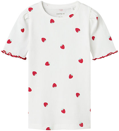 Name it T-shirt - Rib - NmfJillie - Bright White m. Jordbær