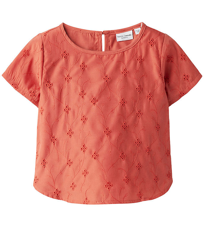 Name It T-shirt - NmfVioleta - Spiced Coral m. Broderi Anglaise