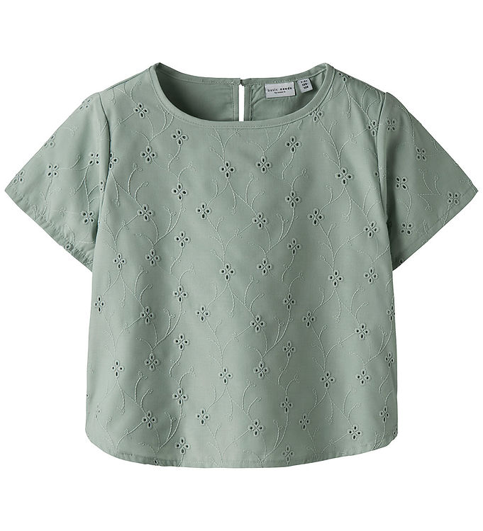 Name It Top Aqua Gray Med Broderi Og Knaplukning - Str. 2y 92cm