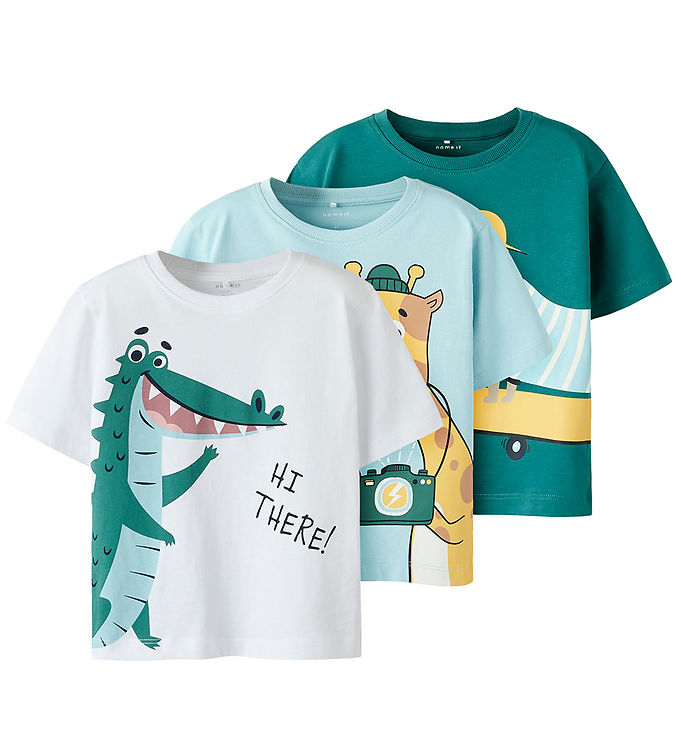 Name It T-shirts - NmmHelge - 3-Pak - Lucent White/W Aquatic/Dee