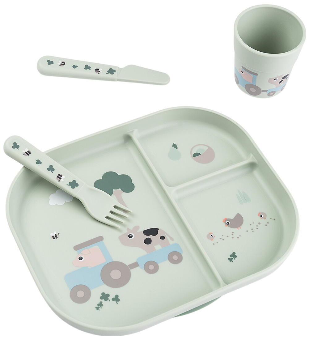 Done by Deer Geschirr-Set m. Saugnapf - 4 Teile - Tiny Farm Grün - Done by Deer - One Size - Geschirr-Sets