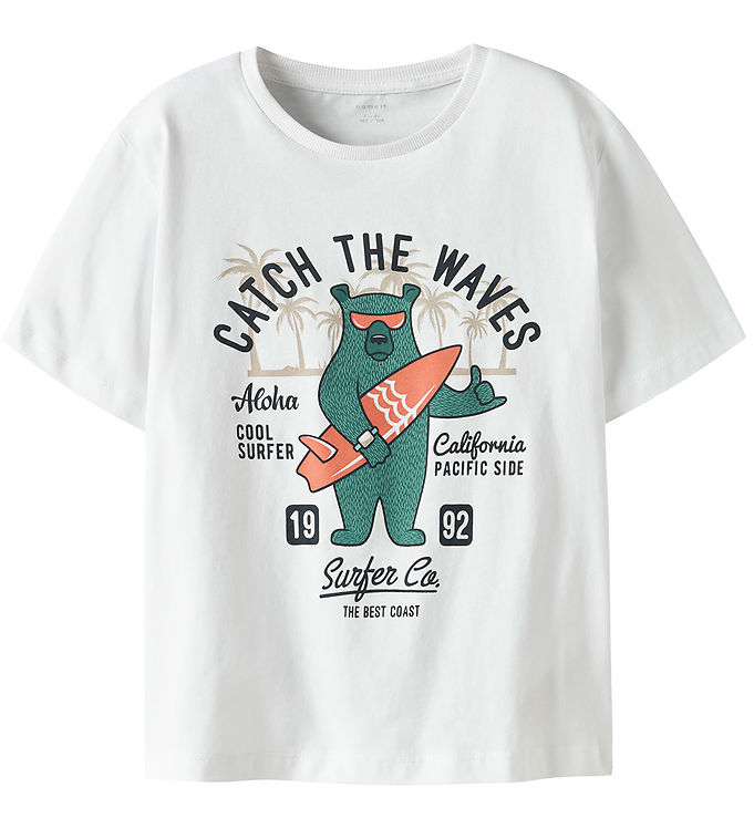 Name It T-shirt Lucent White Med Surferbjørn-print - Str. 6y 116cm