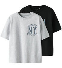 Name It - T-shirt - NkmValix - 2-Pak - Light Grey Melange/Black Name It - T-shirt - NkmValix - 2-Pak - Light Grey Melange/Black
