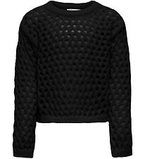 Kids Only Bluse - Cropped - KogBillie - Strik - Sort m. Hulmønst Kids Only Bluse - Cropped - KogBillie - Strik - Sort m. Hulmønst