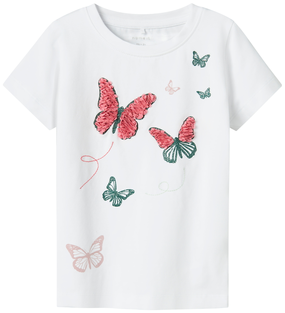 Name It T-Shirt - NmfLofla - Bright White m. Schmetterlinge - Name It - 2 Jahre (92) - T-Shirts