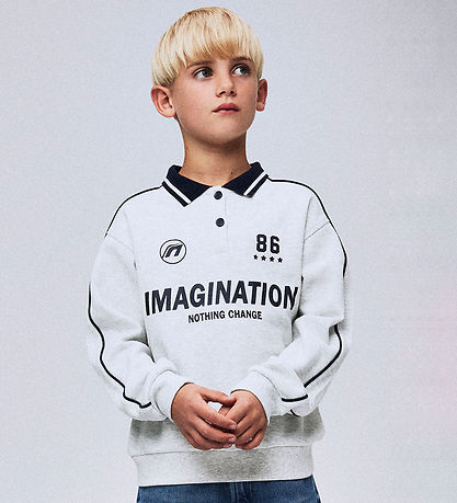 Name It Polobluse - NkmKris - Lysegråmeleret m. Print