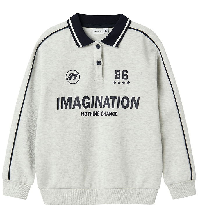 Name It Polobluse - NkmKris - Lysegråmeleret m. Print
