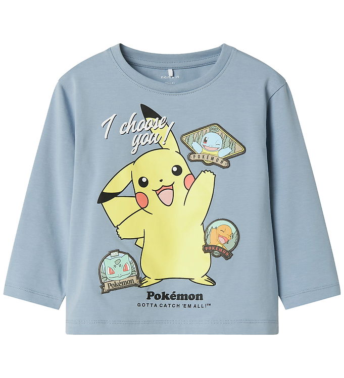 Name It Pokémon Bluse Dusty Blue Med Pikachu Print - Str. 2y 92cm