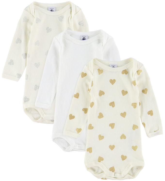 Petit Bateau Body l/æ - 3-pak - Hvid m. Guld/Sølv