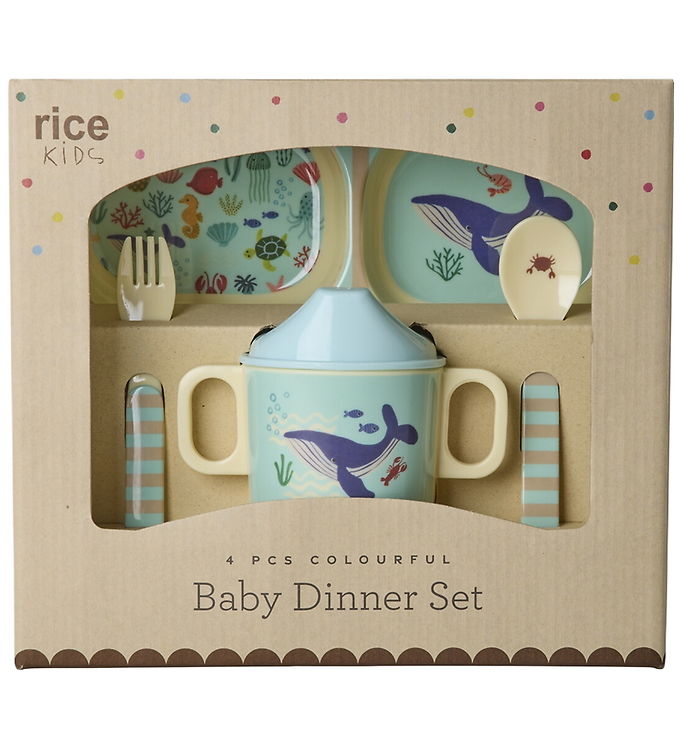 Rice Spisesæt - Melamin - 4 Dele - Blå Ocean Print