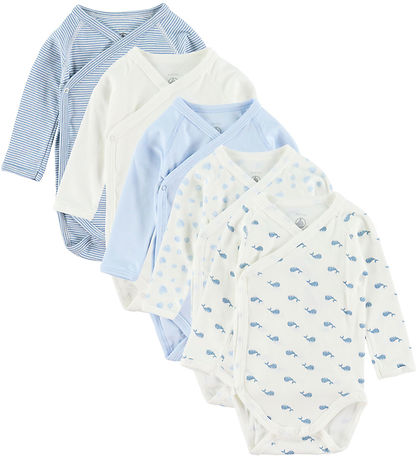 Petit Bateau Slå-om Body l/æ - 5-pak - Hvid/Blå m. Hval