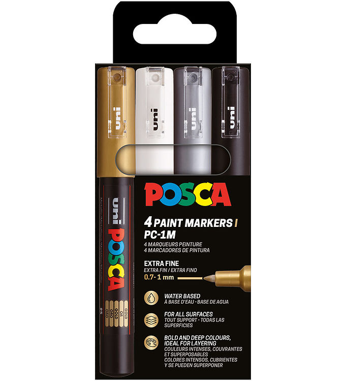 Posca Tuscher - PC-1M - 4 stk. - Guld/Hvid/Sølv/Sort