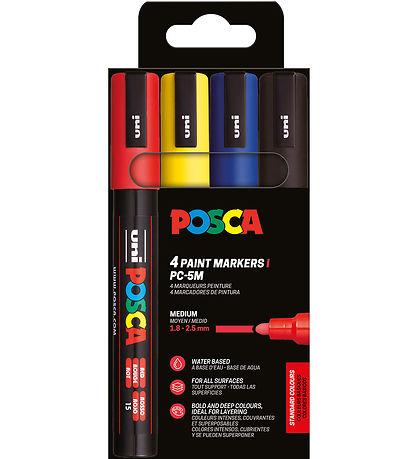 Posca Tuscher - PC-5M - 4 stk. - Rød/Gul/Blå/Sort