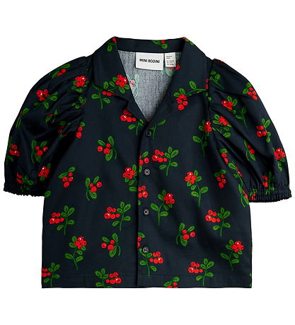 Mini Rodini Skjortebluse - Sort m. Tyttebær Mini Rodini Skjortebluse - Sort m. Tyttebær