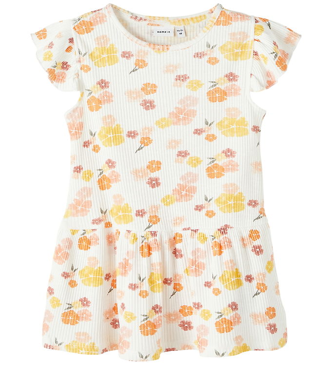 Name It Kjole - NmfPhalia - Rib - Bright White m. Blomster
