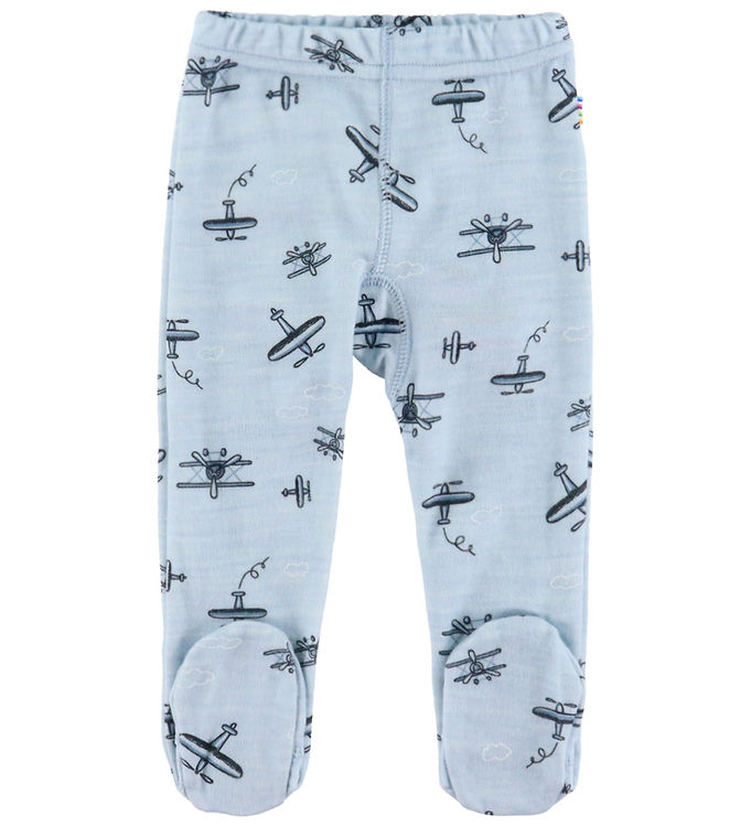 Joha Leggings m. Fødder - Uld/Bambus - Lyseblå m. Print