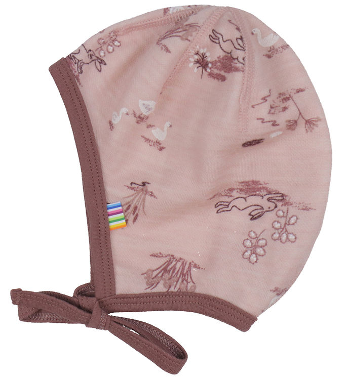 Joha Babyhjelm - Uld/Bambus - Lyserød m. Print