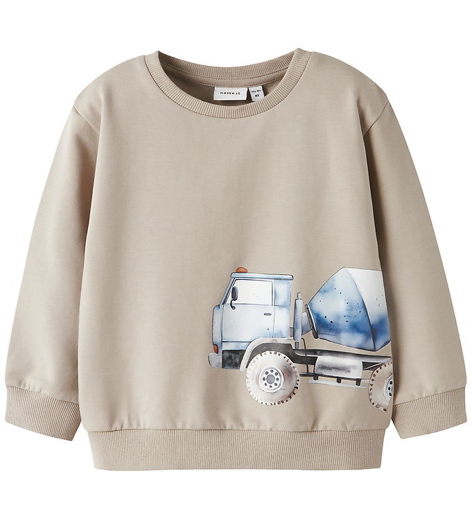 Name It Mini Sweatshirt Island Fossil Med Lastbilprint - Str. 2y 92cm