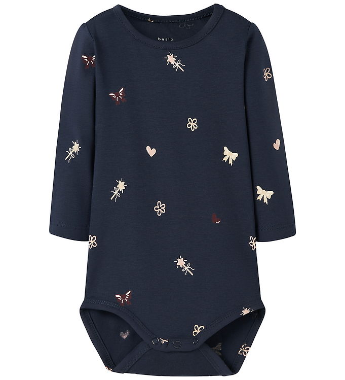 Name It Baby Body Navy Blazer Med Blomster Og Hjerteprint - Str. 3m 62cm
