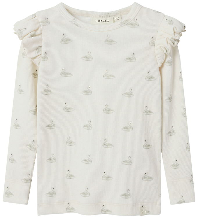 Lil' Atelier Mini Top Pastel Parchment Med Svaneprint Og Flæser - Str. 2y 92cm