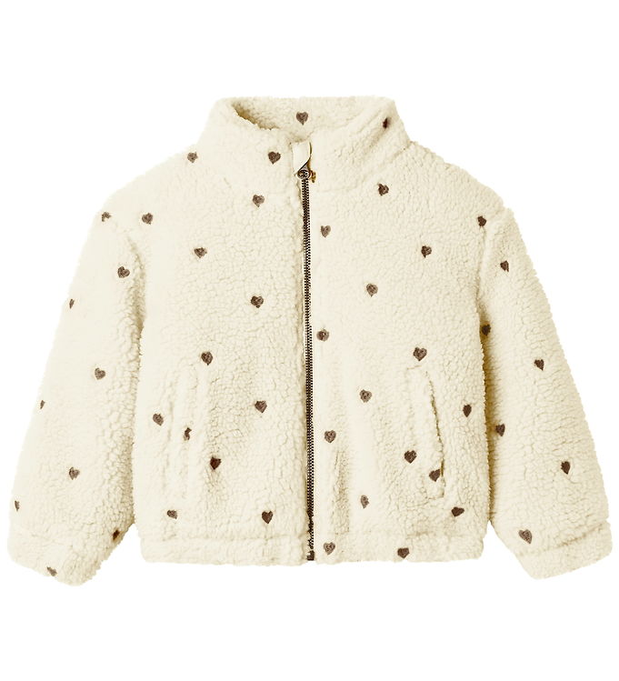 Lil' Atelier Fleecejakke - NmfNalo - Turtledove/Sort m. Hjerter