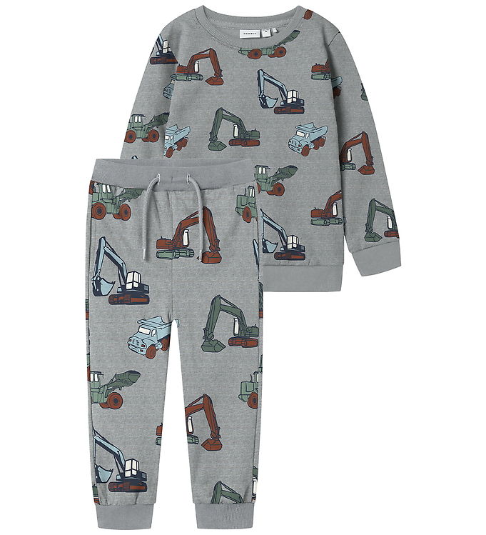 Name It Sweatsæt - NmmNenean - Gråmeleret m. Maskiner