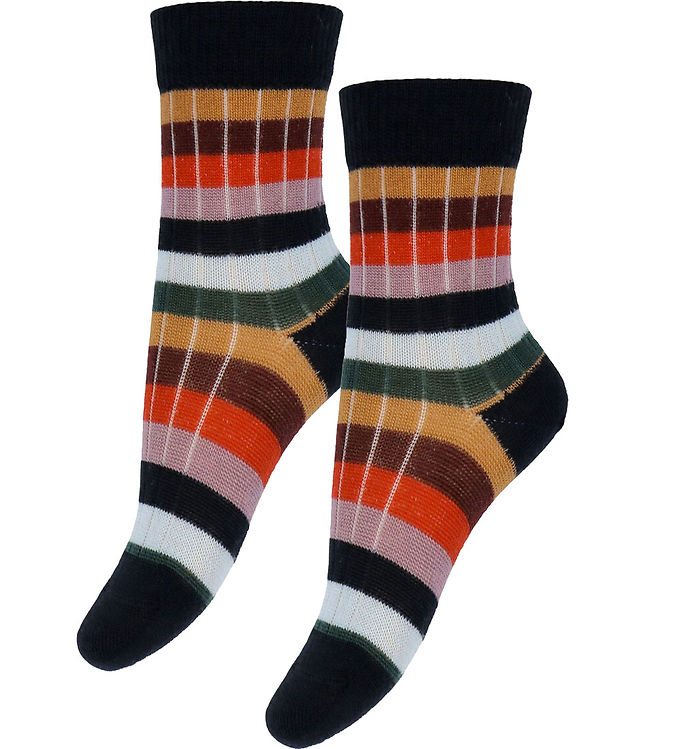 FUB Strømper - Uld - Rib - 2-pak - Dark Navy/Multi Stripe