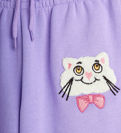 Mini Rodini Sweatpants - Cat With Bowtie Chenille - Lilla