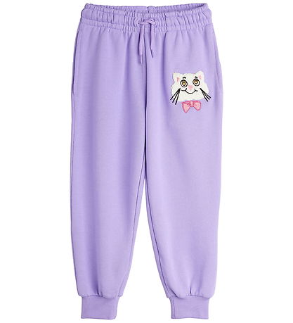 Mini Rodini Sweatpants - Cat With Bowtie Chenille - Lilla