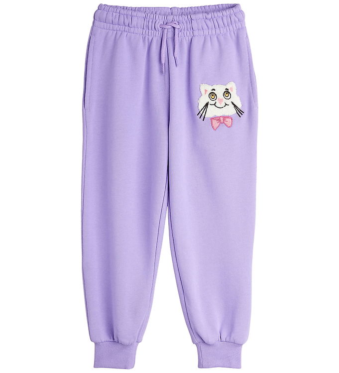 Mini Rodini Sweatpants - Cat With Bowtie Chenille - Lilla