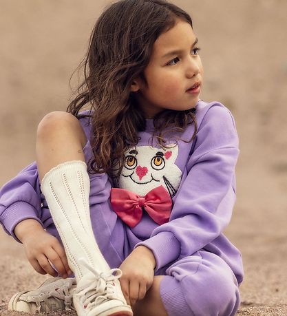 Mini Rodini Sweatshirt - Cat With Bowtie Chenille - Lilla