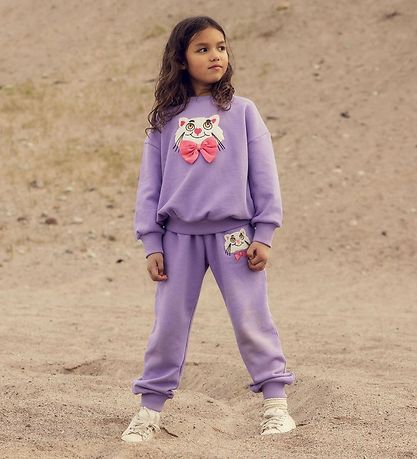 Mini Rodini Sweatshirt - Cat With Bowtie Chenille - Lilla