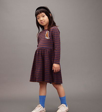Mini Rodini Kjole - Stripe Bird Patch - Brun/Blå