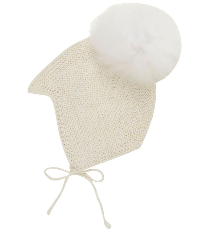 Huttelihut Babyhjelm m. Kvast - Alpakauld - Strik - Off-white