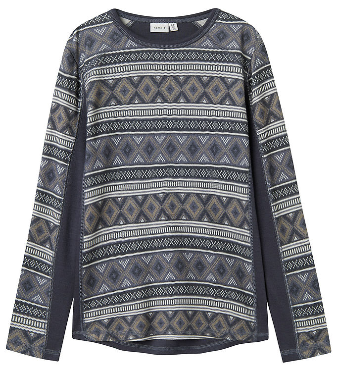 Name It Bluse Ombre Blue Med Islandsk Mønster i Merinould - Str. 7-8y 122/128cm