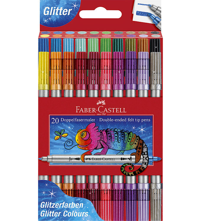 Faber Castell tusser med dobbelt spids tyk/tynd og glitter effekt. Æske med 20 farver.